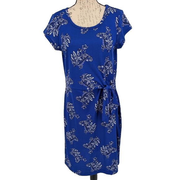 T by Talbots Dress Med Blue White Paisley Bow at Waist Midi Casual - Picture 1 of 9